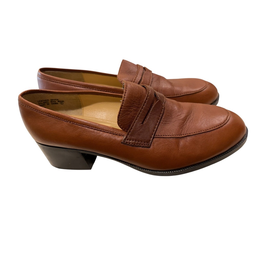 Prima Royale Vintage 90s Mod Brown Leather Penny Loafers Block Heel Shoes 7.5